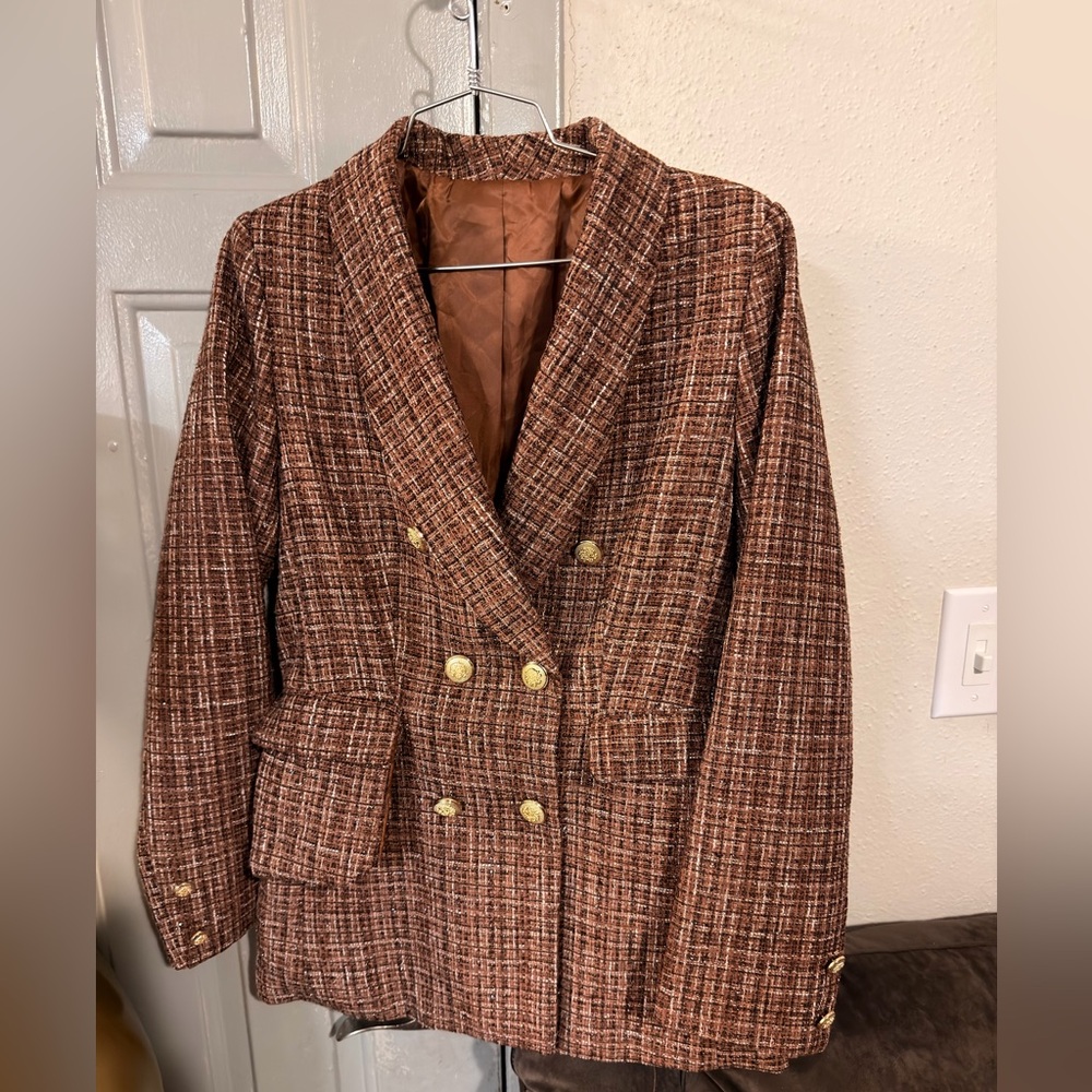 Double-Breasted Brown Tweed Blazer Jacket - Picture 3 of 9